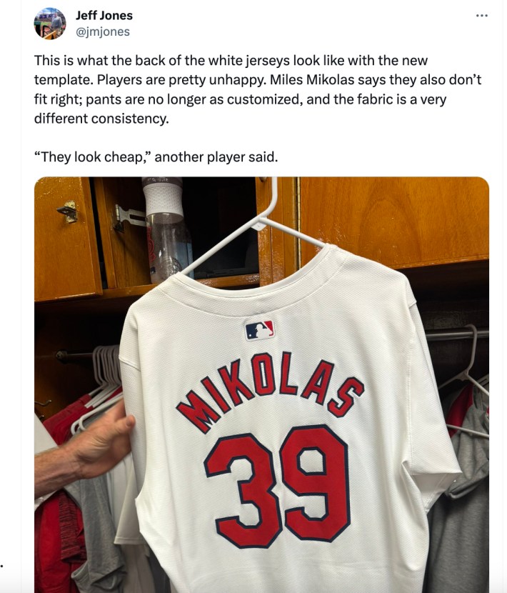 This is what the back of the white jerseys look like with the new template. Players are pretty unhappy. Miles Mikolas says they also don’t fit right; pants are no longer as customized, and the fabric is a very different consistency. “They look cheap,” another player said.